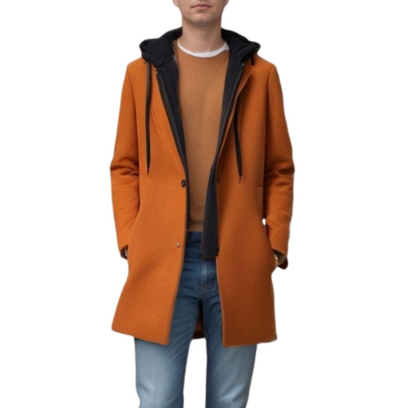 Men's Solid Color Padded Hooded Mid-Length Woolen ...