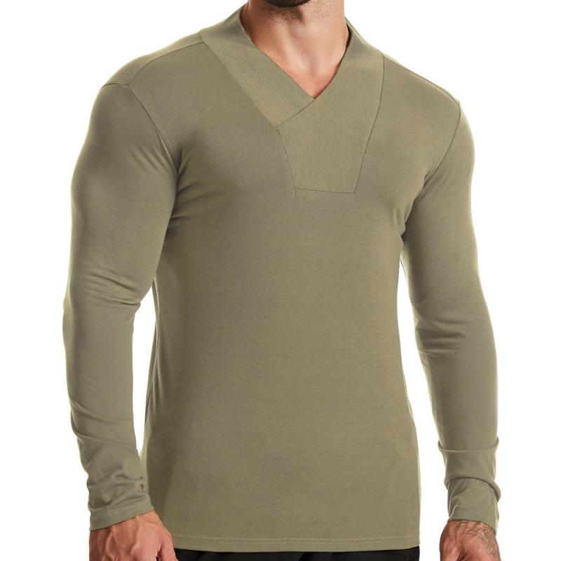 Men's Casual Solid Color V Neck Slim Long Sleeve T-Shirt