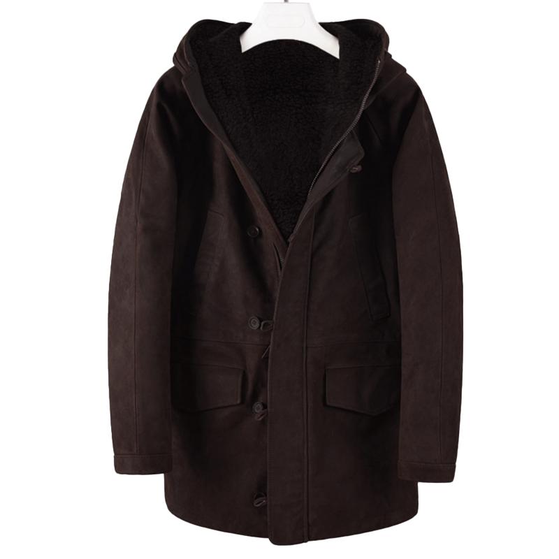 Men's Plush Suede Hooede Single Breasted Mid-length Coat