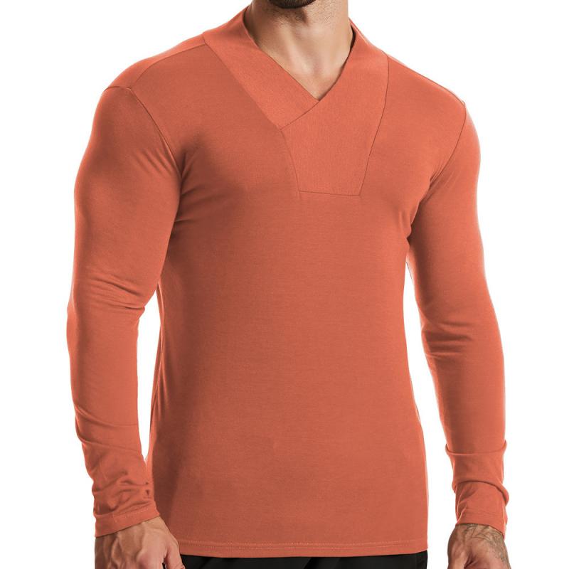 Men's Casual Solid Color V Neck Slim Long Sleeve T-Shirt