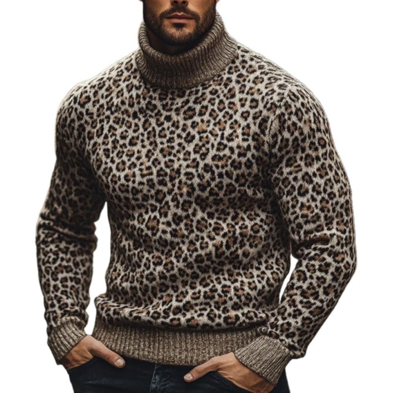 Men's Fashion Leopard Jacquard Turtleneck Warm Knitted Sweater