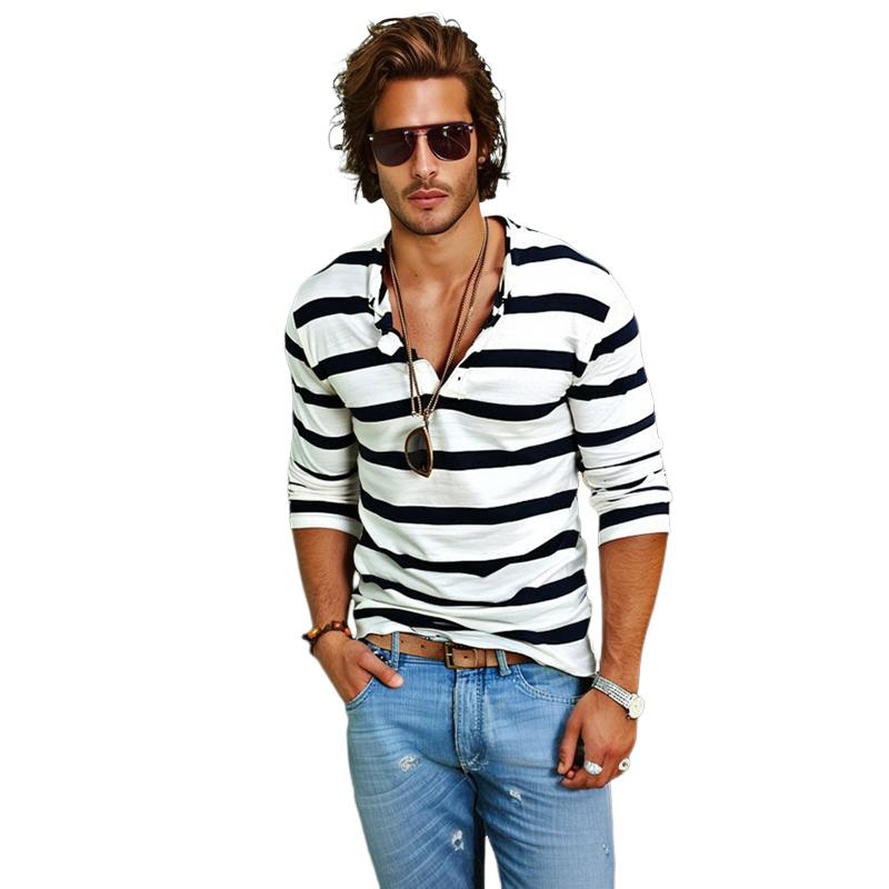 Men's Casual Striped Henley Collar Long Sleeve T-S...