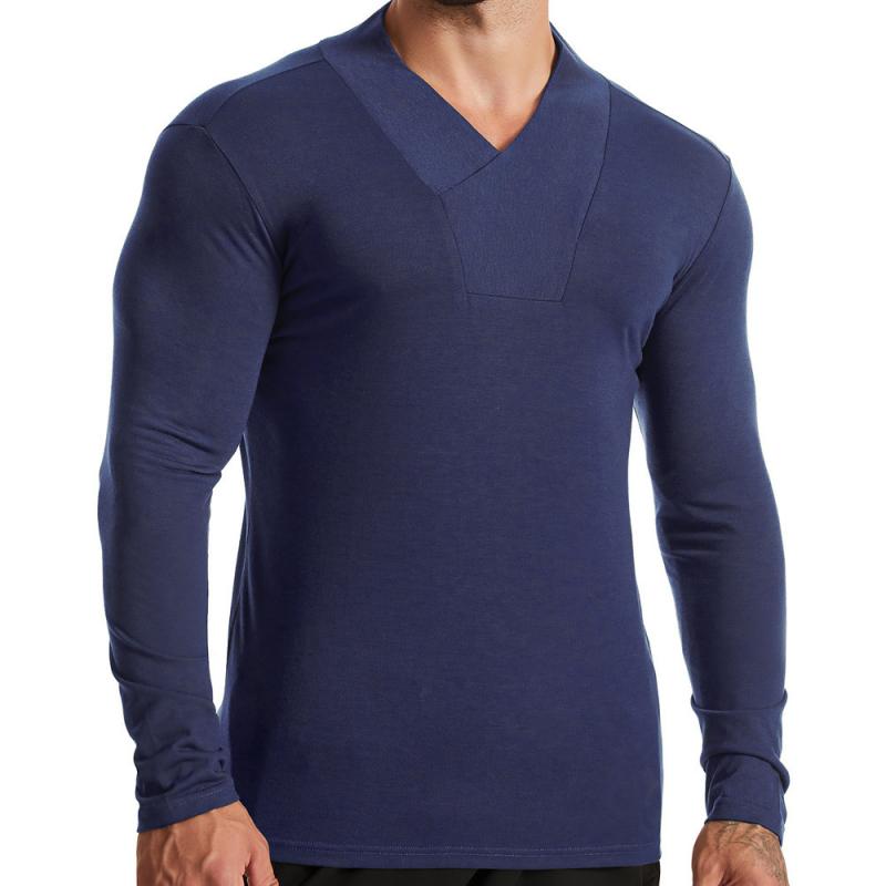 Men's Casual Solid Color V Neck Slim Long Sleeve T...