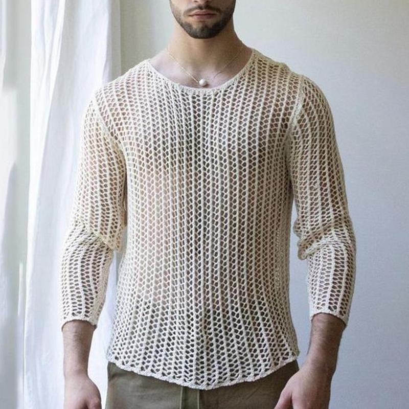 Men's Round Neck Hollow Out Knit T-shirt