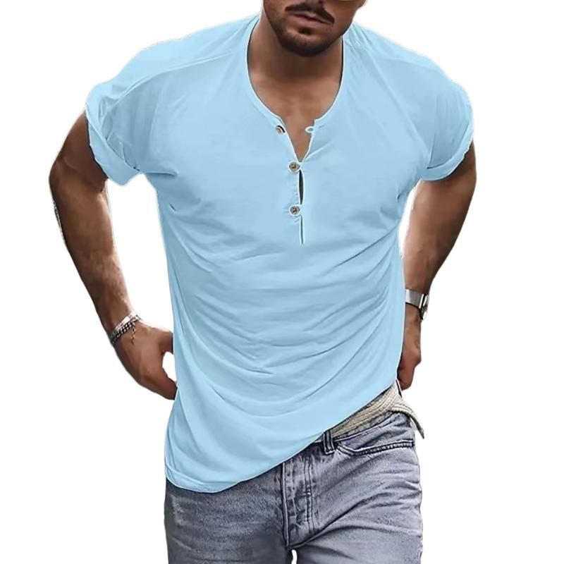 Men's Casual Solid Color Henley Collar Short Sleev...