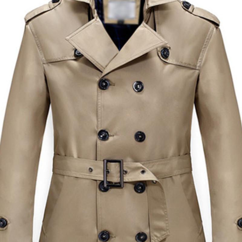 Men's Classic Lapel Double Breasted Slim Fit Belt Mid Length Trench Coat