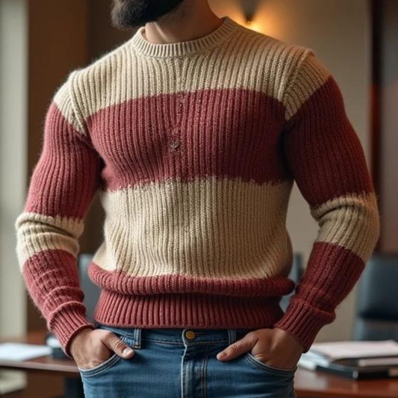 Men's Casual Contrast Color Round Neck Slim Fit Knitted Sweater