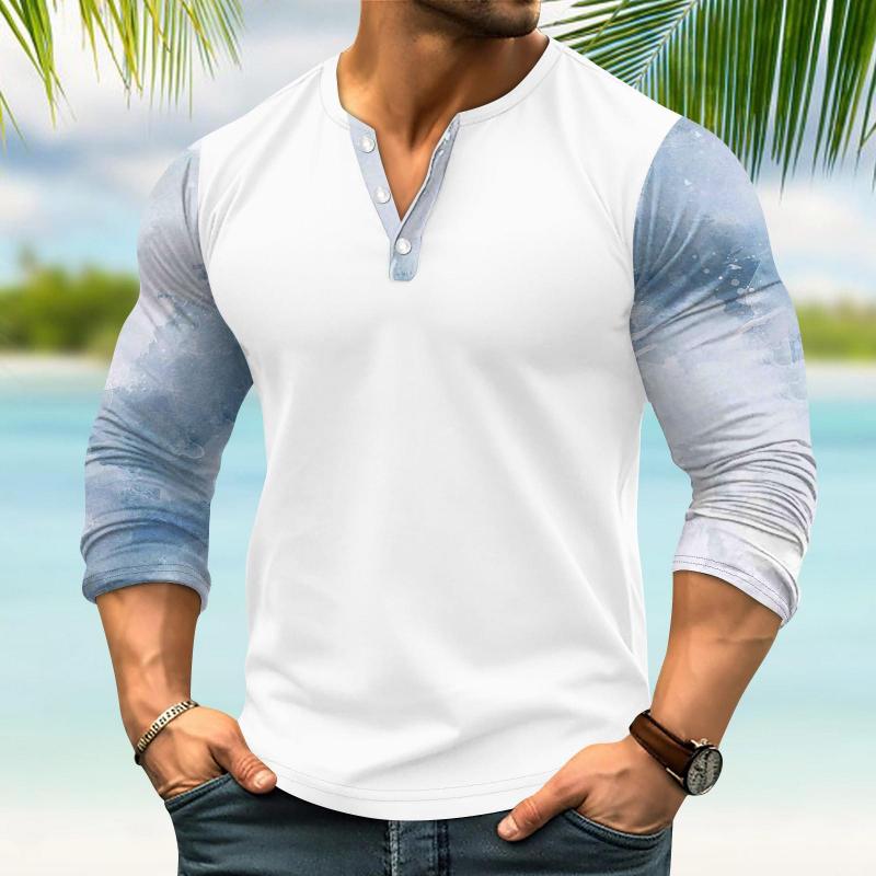 Men's Printed Stitching Henley Collar Long Sleeve T-shirt