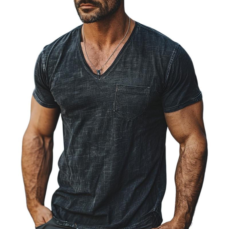 Men's Casual V-neck Heavy Duty Washed Distressed S...