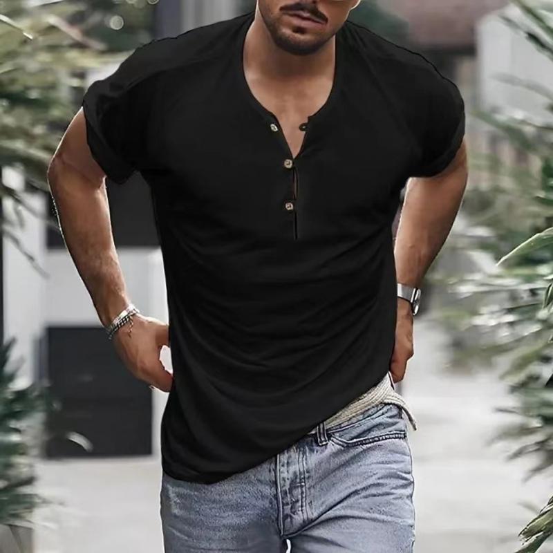 Men's Casual Solid Color Henley Collar Short Sleeve T-Shirt