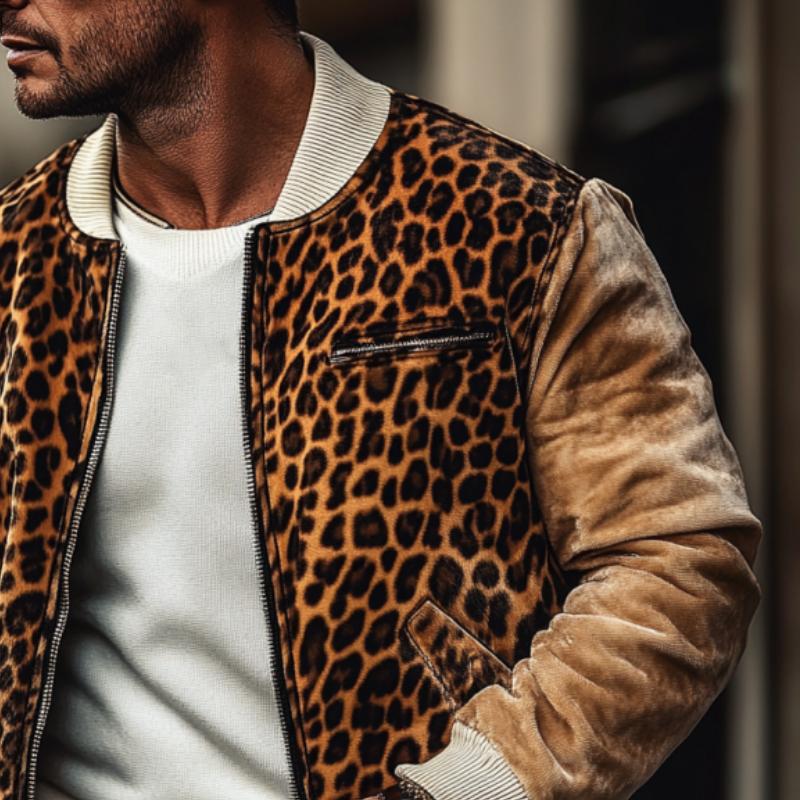 Men's Retro Leopard Plush Stitching Round Neck Baseball Jacket Coat