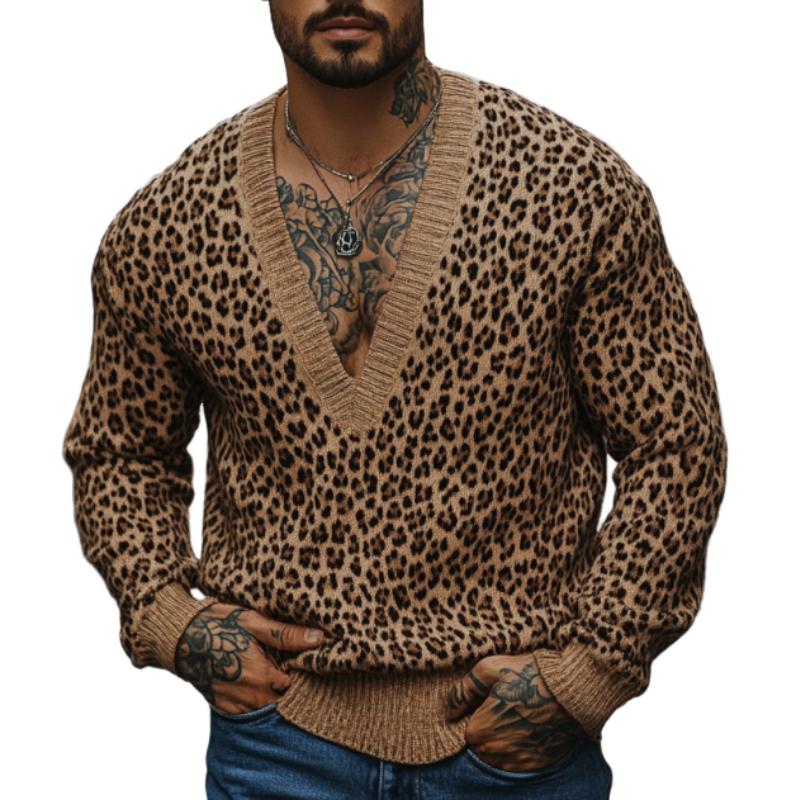 Men's Fashion Leopard Jacquard Deep V Neck Loose Knitted Sweater