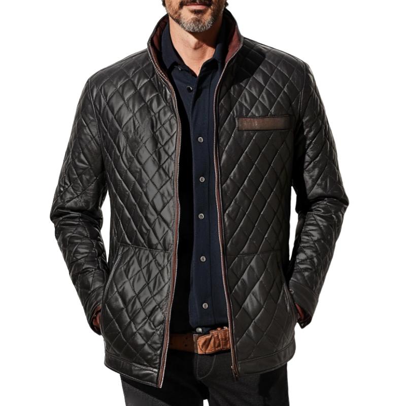 Men's Vintage Casual Quilted Patchwork Pocket Zipp...