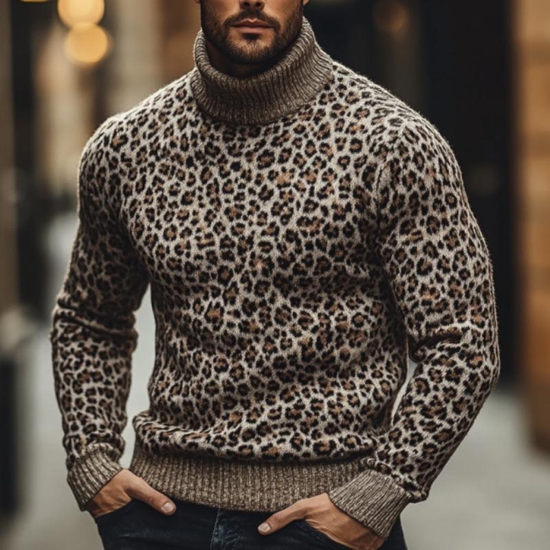 Men's Fashion Leopard Jacquard Turtleneck Warm Knitted Sweater