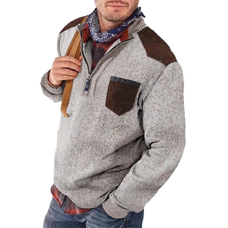 Men's Casual Retro Patchwork Pocket Stand Collar Z...