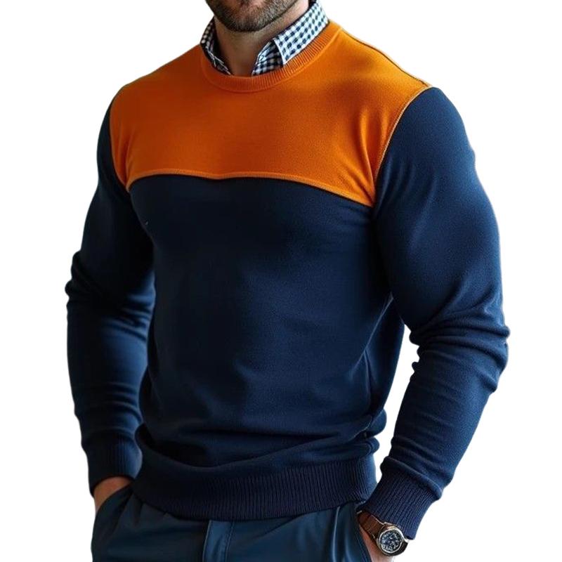 Men's Retro Casual Simple Colorblock Crew Neck Swe...