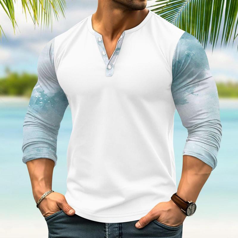 Men's Printed Stitching Henley Collar Long Sleeve T-shirt