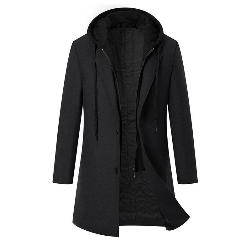 Men's Solid Color Padded Hooded Mid-Length Woolen Coat