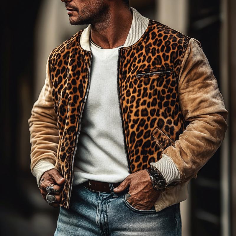 Men's Retro Leopard Plush Stitching Round Neck Baseball Jacket Coat