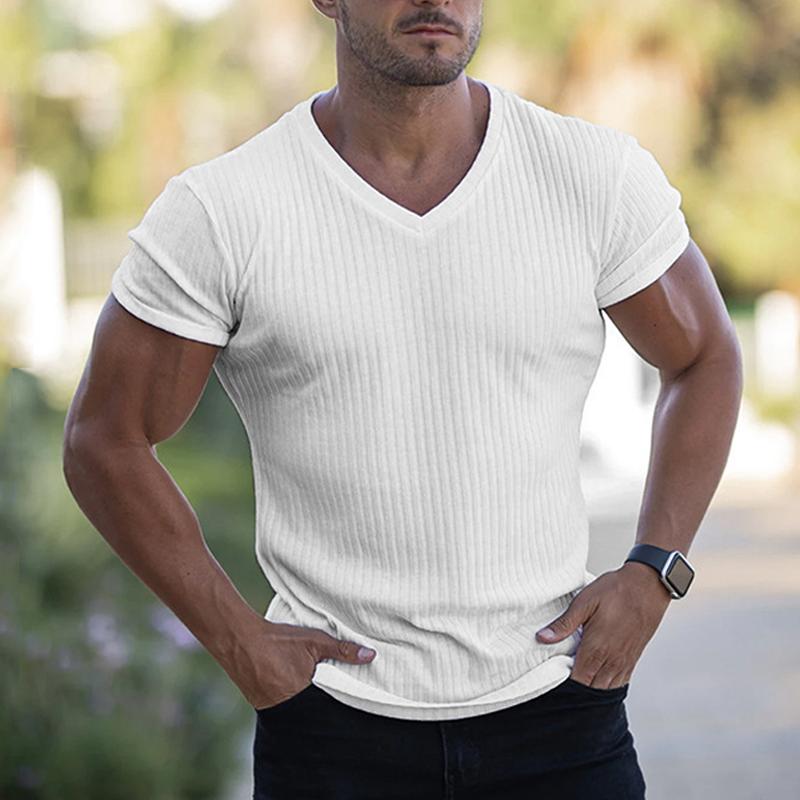 Men's V Neck Short Sleeve Striped T-shirt