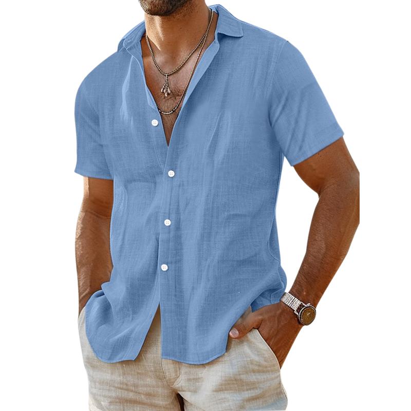 Men's Casual Cotton Linen Solid Color Lapel Slim Short Sleeve Shirt