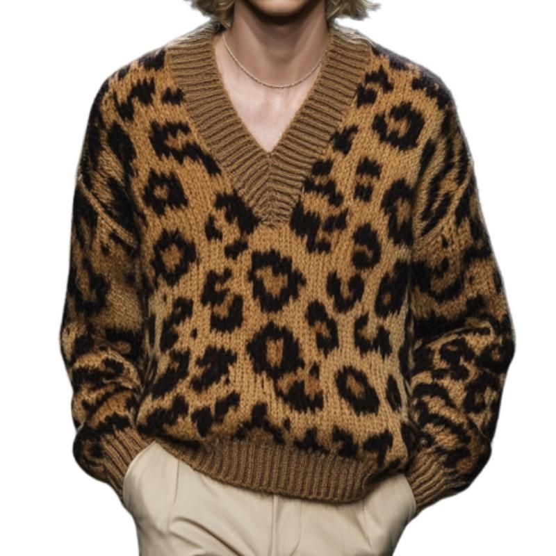 Men's Fashion Leopard Jacquard V Neck Loose Knitte...