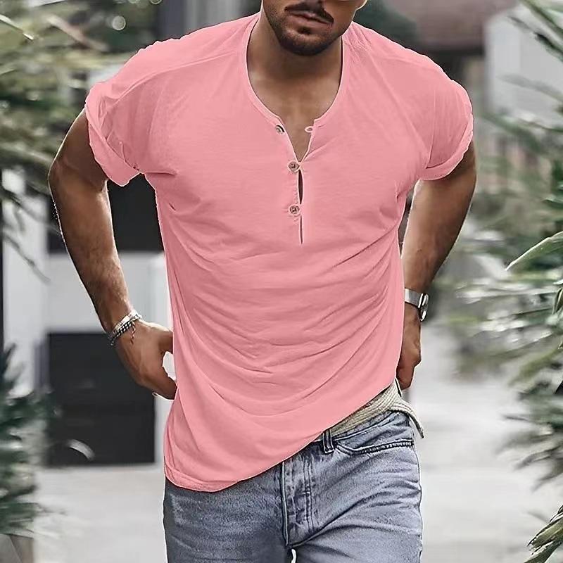 Men's Casual Solid Color Henley Collar Short Sleeve T-Shirt