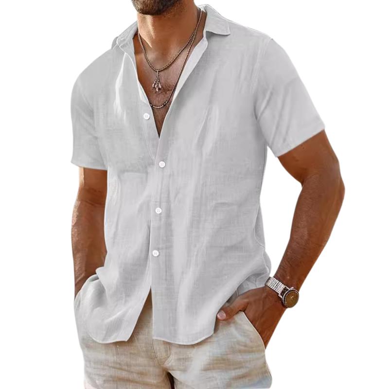 Men's Casual Cotton Linen Solid Color Lapel Slim Short Sleeve Shirt