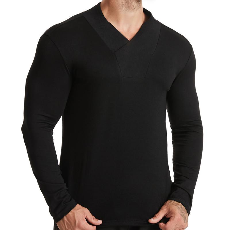 Men's Casual Solid Color V Neck Slim Long Sleeve T-Shirt