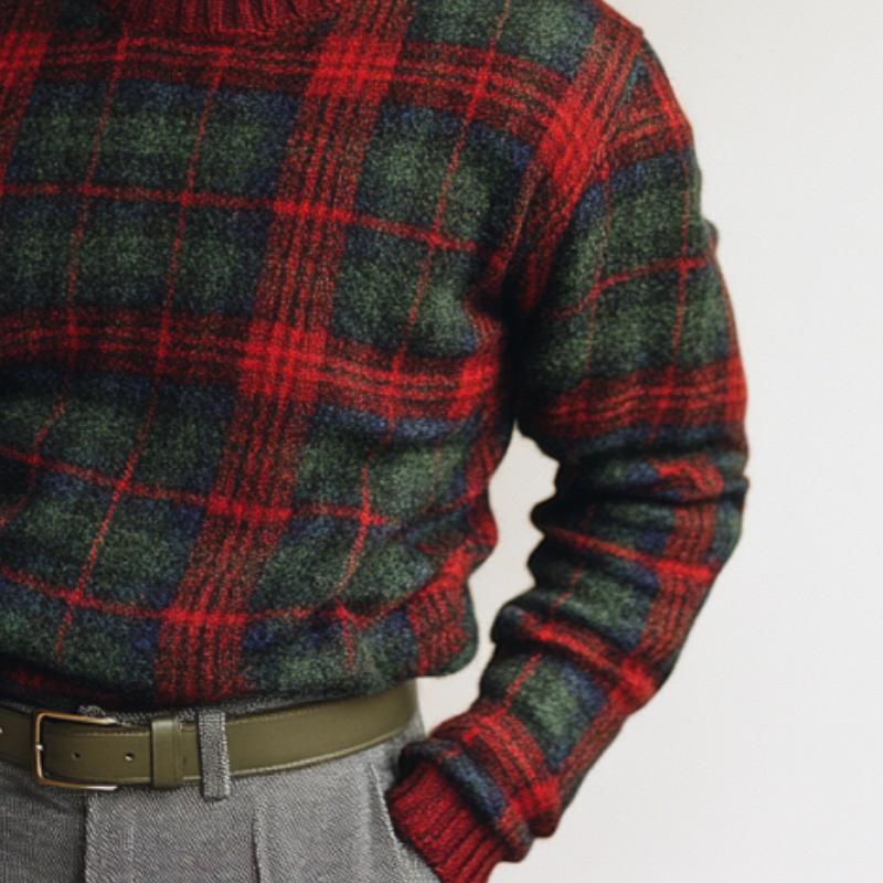 Men's Vintage Christmas Plaid Knit Crew Neck Sweater