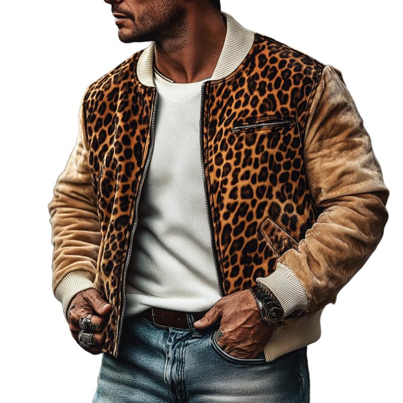 Men's Retro Leopard Plush Stitching Round Neck Bas...