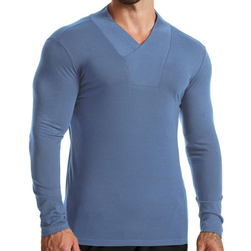 Men's Casual Solid Color V Neck Slim Long Sleeve T-Shirt