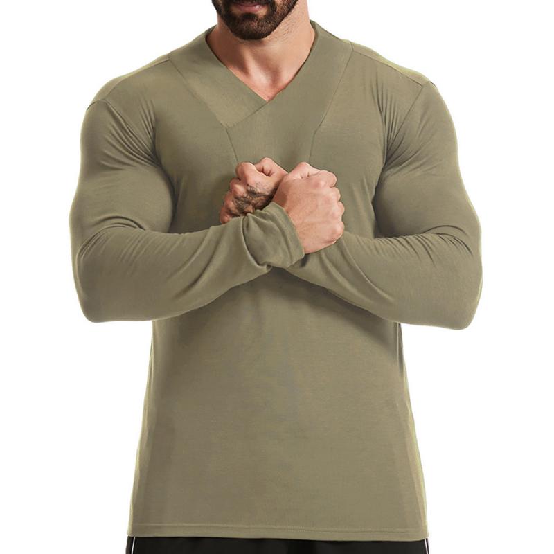 Men's Casual Solid Color V Neck Slim Long Sleeve T-Shirt