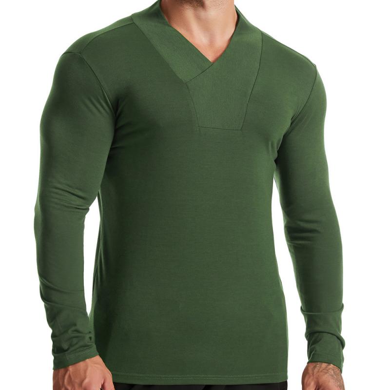 Men's Casual Solid Color V Neck Slim Long Sleeve T-Shirt