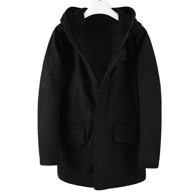 Men's Plush Suede Hooede Single Breasted Mid-length Coat