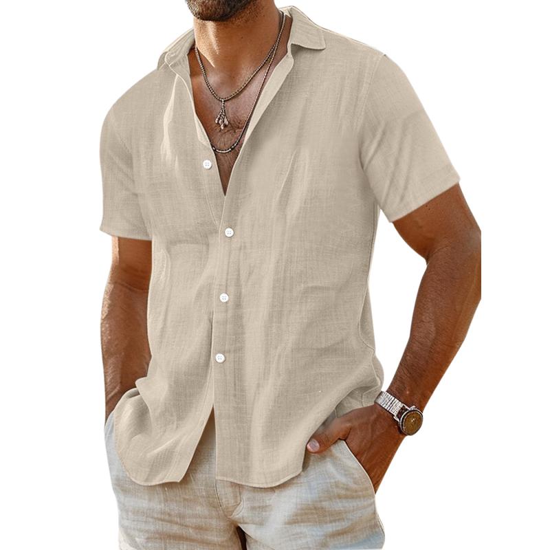 Men's Casual Cotton Linen Solid Color Lapel Slim Short Sleeve Shirt