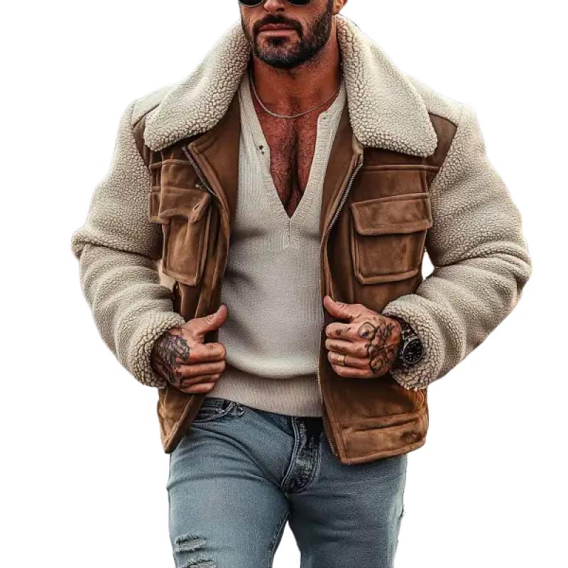 Men's Vintage Suede Stitching Lambswool Lapel Jack...