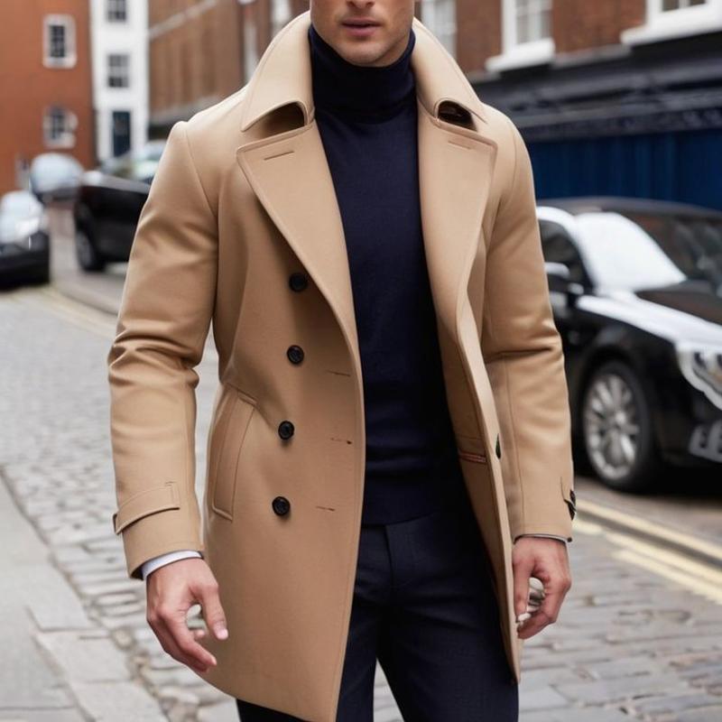 Men's Solid Color Lapel Double Breasted Mid-length Coat