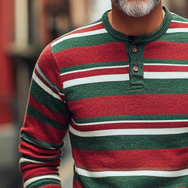 Men's Vintage Casual Christmas Striped Henley Long Sleeve T-Shirt