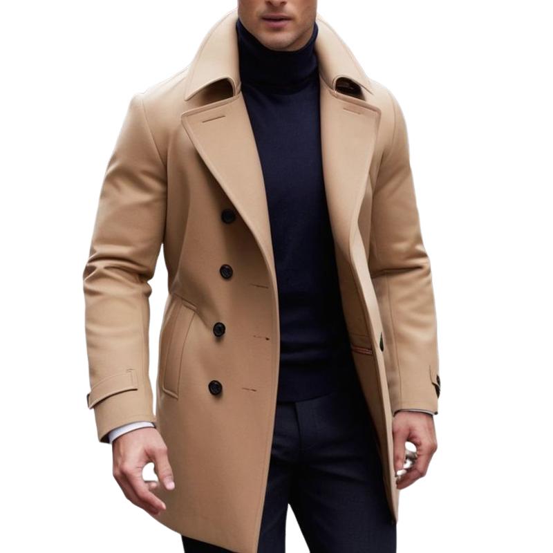 Men's Solid Color Lapel Double Breasted Mid-length...