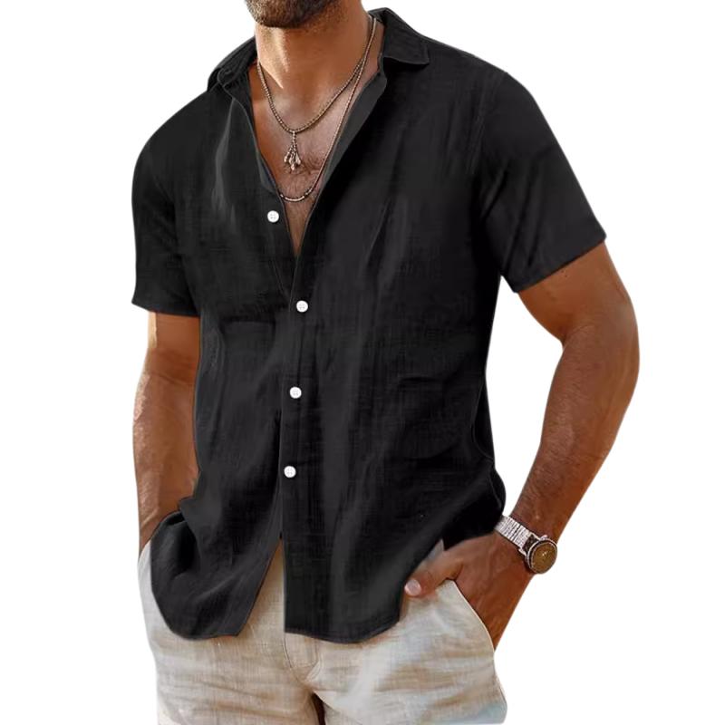 Men's Casual Cotton Linen Solid Color Lapel Slim Short Sleeve Shirt