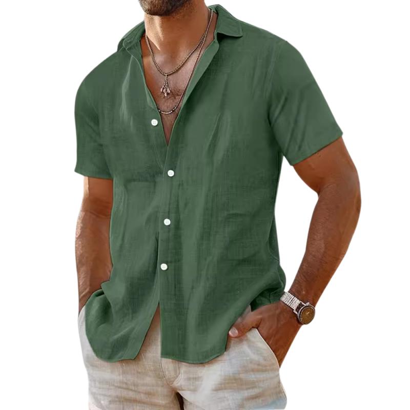 Men's Casual Cotton Linen Solid Color Lapel Slim Short Sleeve Shirt