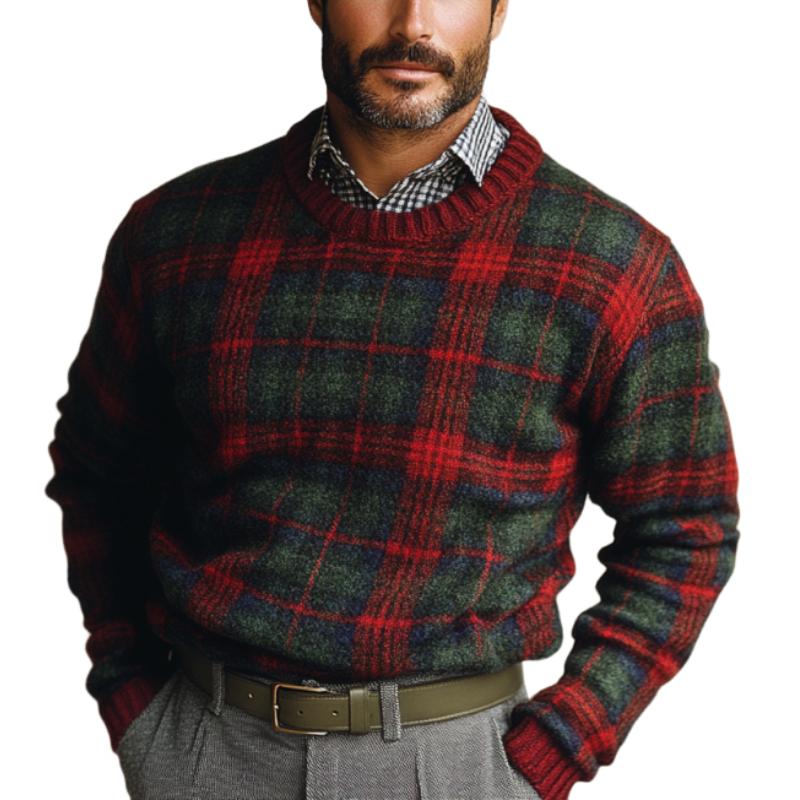 Men's Vintage Christmas Plaid Knit Crew Neck Sweat...