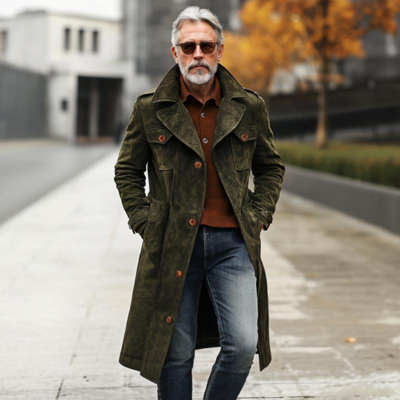 Men's Vintage Suede Lapel Multi-Pocket Trench Coat