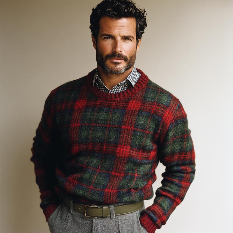 Men's Vintage Christmas Plaid Knit Crew Neck Sweater